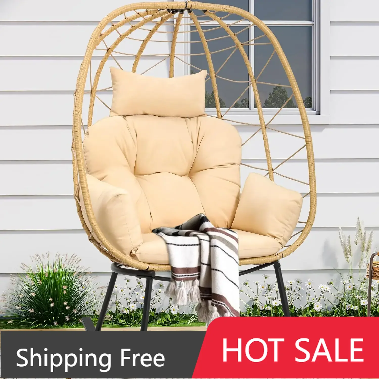 Wicker Rocking Egg Chair, Outdoor Patio Rocking chair with Cushioned Comfort, 330lb Capacity, Anti-Slip, All-Weather Resilient