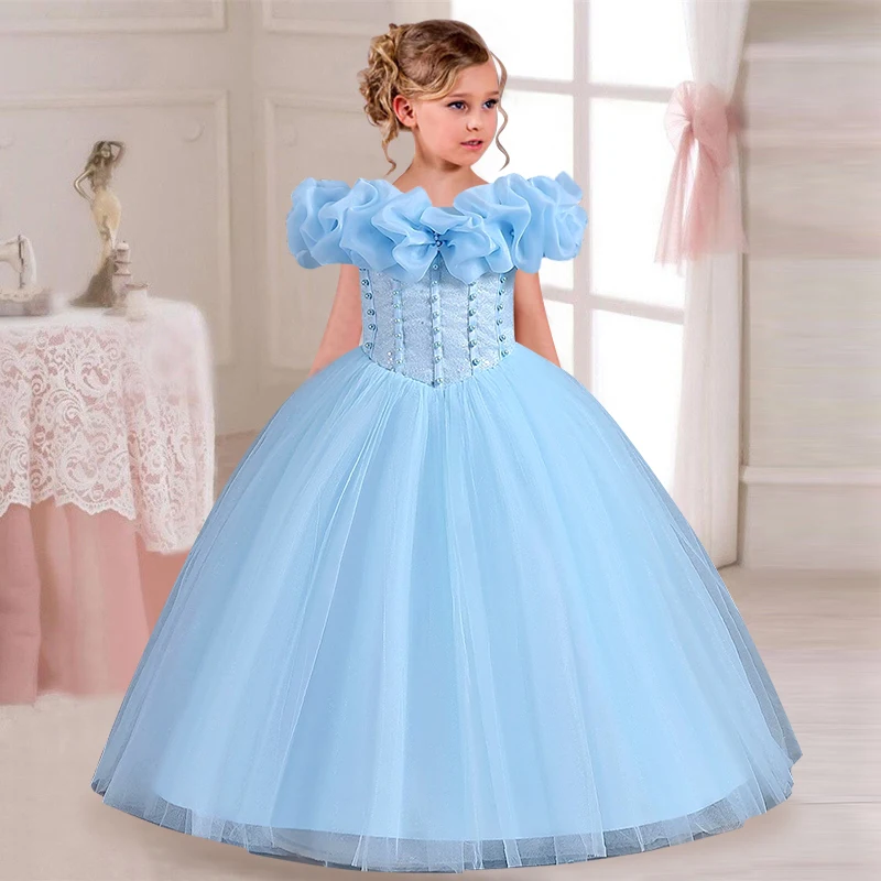 Elegant Gown For Kids Birthday Bulk Princess Dresses Baby Blue Flower Girls  Dresses With Cape From
