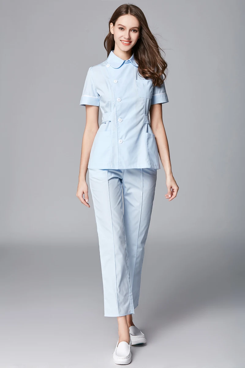 Front Side Button Opening Nurse Uniform Summer Short Sleeve Simplicity Beauty Salon Skin Caring Dental Workingwear Top+Pant