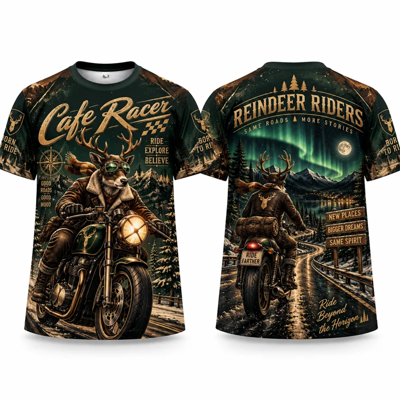 Christmas Reindeer Cafe Racer T Shirt Men Motorcycle Biker Graphic Short Sleeve Xmas Holiday Vintage Streetwear Casual Gift Top