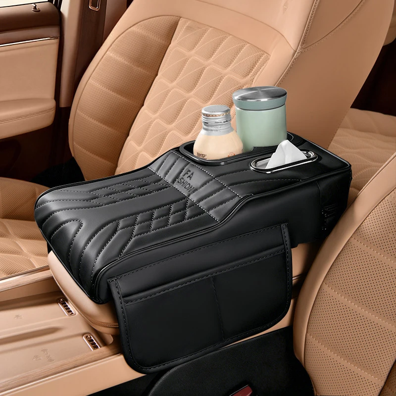 Multi-Function Car Armrest Box- Storage Booster Pad Center Console Tissue Box And Water Cup Holder Vehicle Armrest Cushion Cover