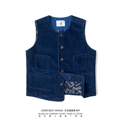 New Vintage Indigo Jacket Vest Men Thick Heavy Cotton Corduroy Blue Dyed Multi Pockets Tooling Vest Fashion Casual Cardigon Coat