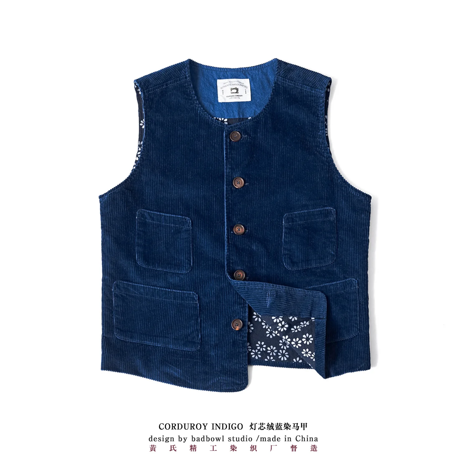 New Vintage Indigo Jacket Vest Men Thick Heavy Cotton Corduroy Blue Dyed Multi Pockets Tooling Vest Fashion Casual Cardigon Coat