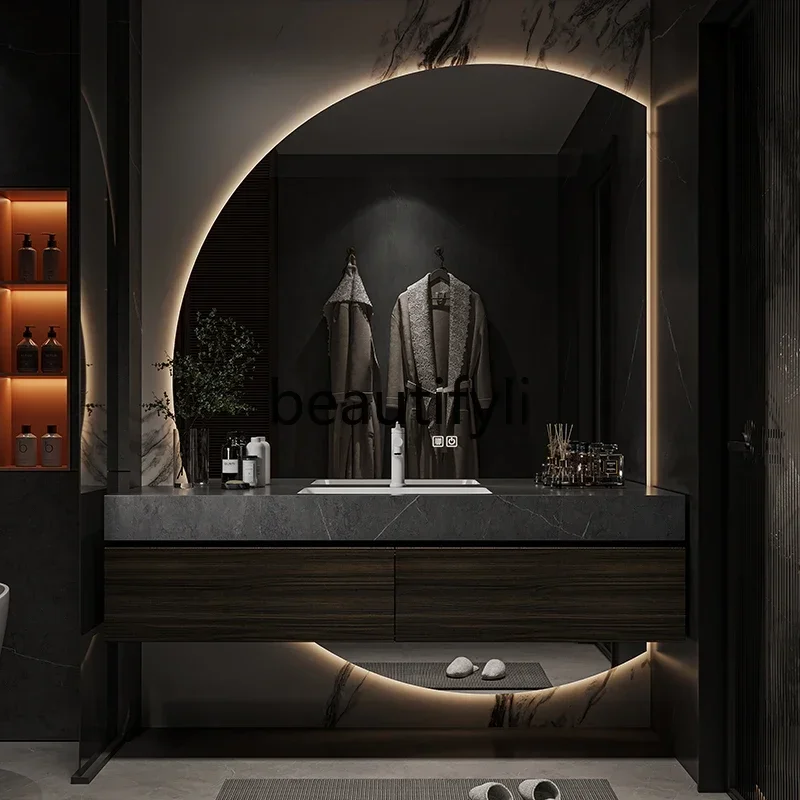 

New Arrivals D06 Light luxur rock slab bathroom cabinet seamless ceramic integrated basin washbasin cabinet combination S03