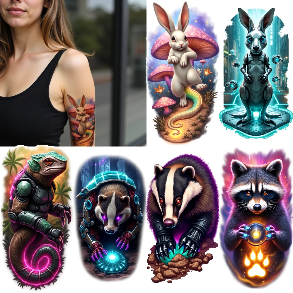 

3pcs Temporary Tattoo Raccoon With Orb Realistic Temporary Tattoos Cyber Iguana Fiery Bear For Women Adults Men