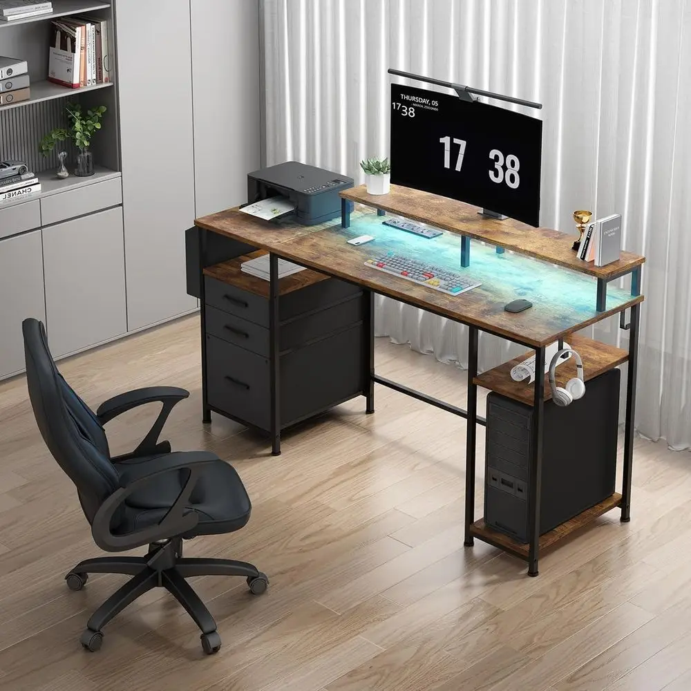 LED-lit 55 Computer Desk with Power Outlets, Fabric Drawers, and Monitor Stand for Home Office in Rustic Brown
