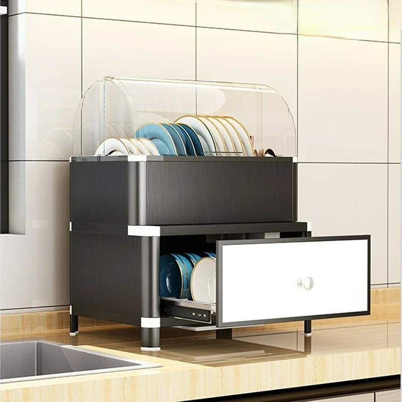 Space Aluminum Kitchen Drain Cupboard, Dustproof Bowl and Chopsticks Storage Box with Lid, Multi-Functional Organizer