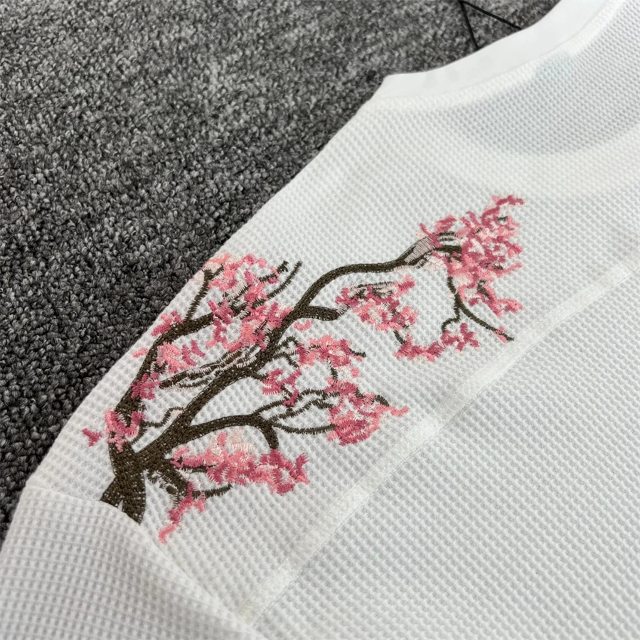 White Waffle Long Sleeve Derschutze Cherry Blossom Embroidery T Shirt Men Women Tee Tops T-Shirt image 4