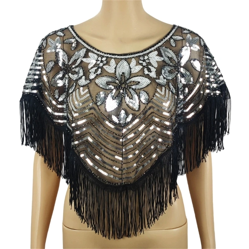 E56A Embroidery Sequined Shawl Beaded Fringed Shoulder Covering for Various Occasion