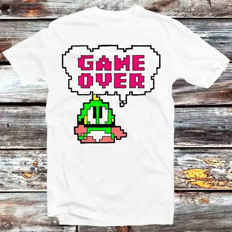 Bubble Bobble Inspired Bob Bub Retro Game Over T Shirt Vintage Cool Cartoon Anime Top B345