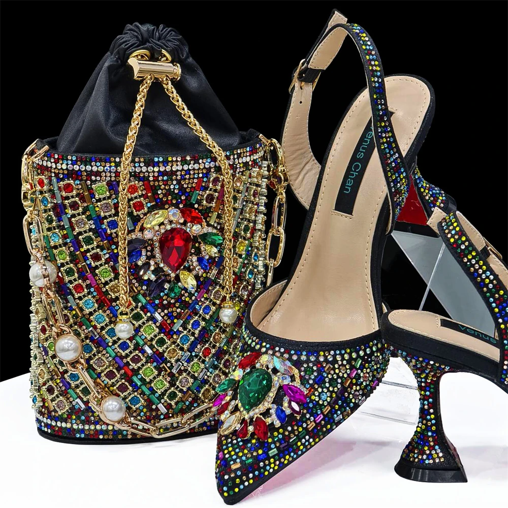 

2024 Newest Sweet Style Rainbow Elegant High Heels Nigeria Popular Design African Ladies Shoes Matching Bag Sets