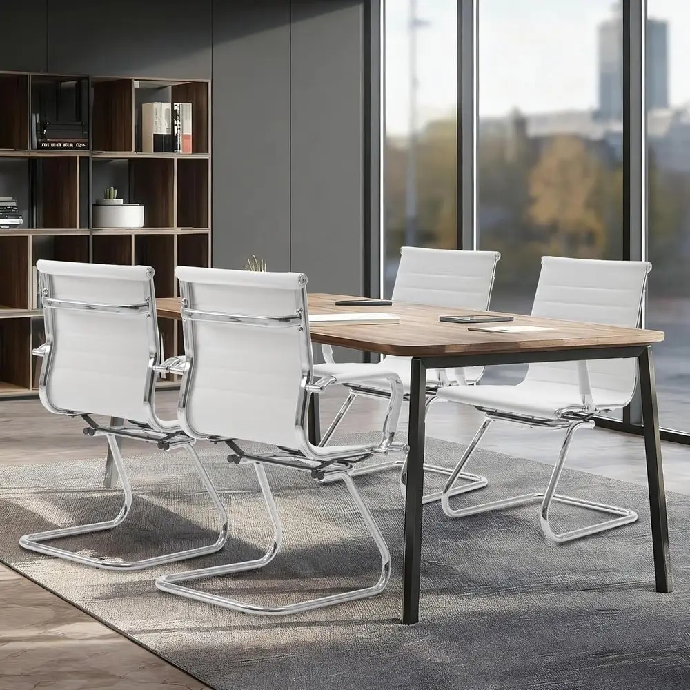 

4-Piece White Leather Stationary Waiting Room Chairs with Arms for Conference Rooms