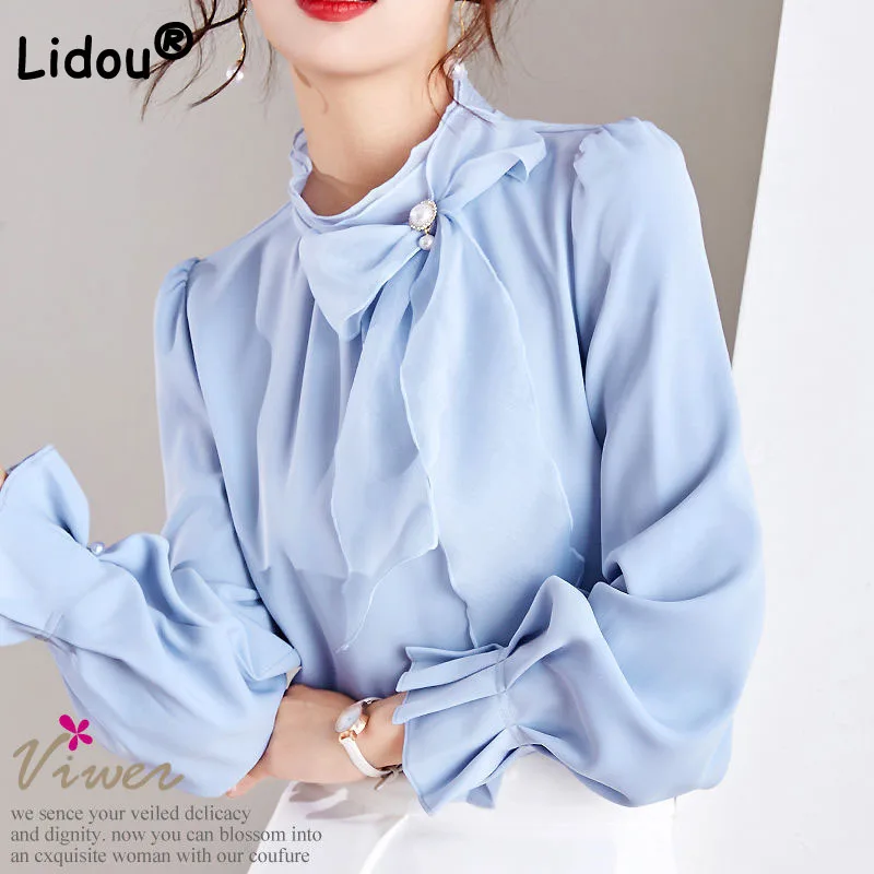 

Office Wear Spring Summer Chiffon Top Urban Elegant Tunics Horn Long Sleeve Bead Bow Tie Fashion Women Pink Basic Shirt 2022 New