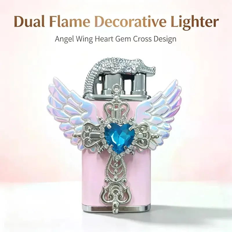 Double Flame Portable Windproof Lighter（Without butane） - 3.5x7.5cm Retro Cross Angel Wings Gemstone Decoration - Ideal for Daily Carry by Ladies, Suitable for Christmas Gift Collection