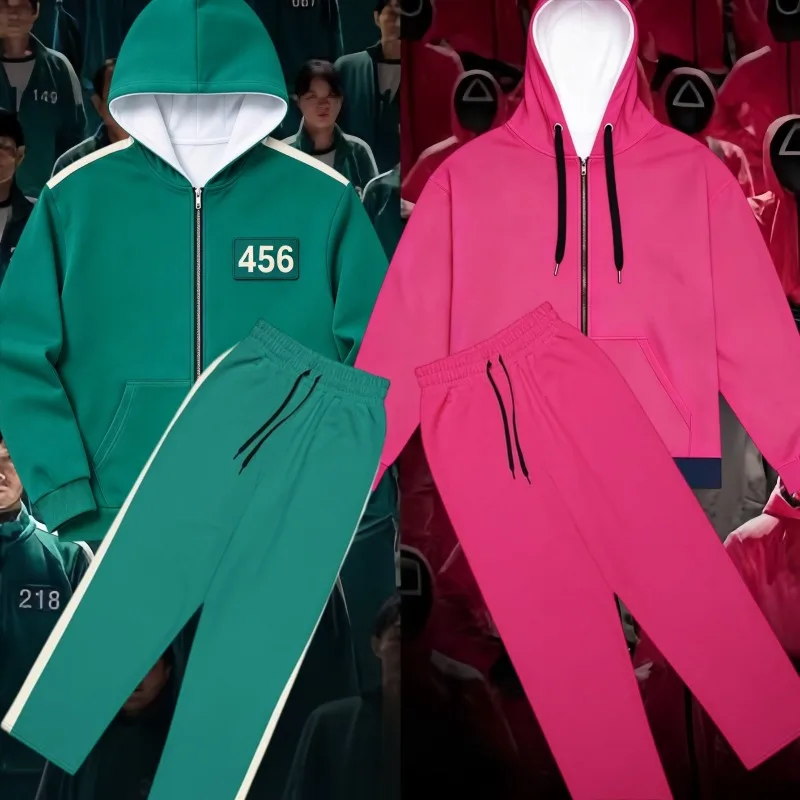 Calamari Game Pink Guard Cosplay Costume Adult Kids Full Zip Hoodie Pants Set Outfit Halloween Party Family Tracksuit Streetwear