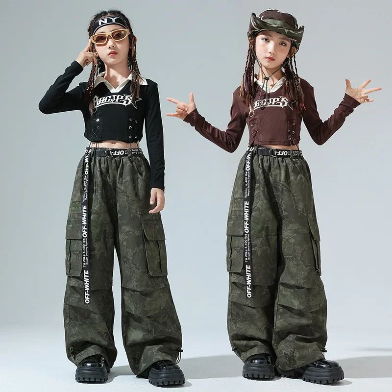 

Детская одежда в стиле хип-хоп, черный укороченный топ, футболка с длинными рукавами, камуфляжные повседневные брюки-карго со рюшами для девочек, костюм для джазовых танцев, одежда