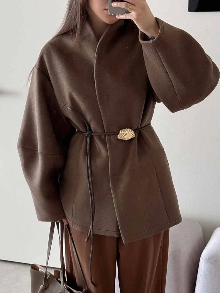 

MCDV Шикарная однотонная шерстяная куртка на шнуровке, женская элегантная свободная классическая куртка с воротником-стойкой и длинными рукавами, осеннее женское уличное пальто для поездок на работу