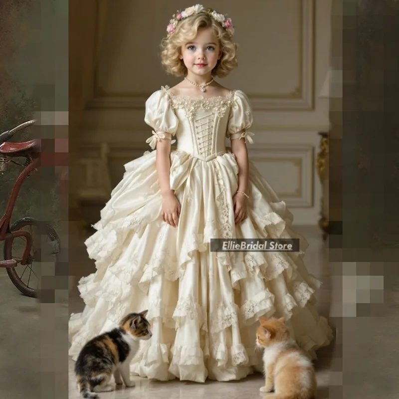 Lovely Flower Girl Dresses For Wedding Lace Appliques Tiered Baby Birthday Dress For Photoshoot Customized Kids Luxury Gowns