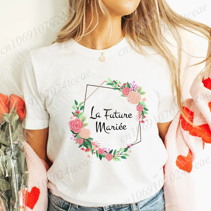 French Team Bride T-shirt Flower Crown Short Sleeve Tees Bridal Wedding Tops Bachelorette Hen Party EVJF Future Bride Tshirt