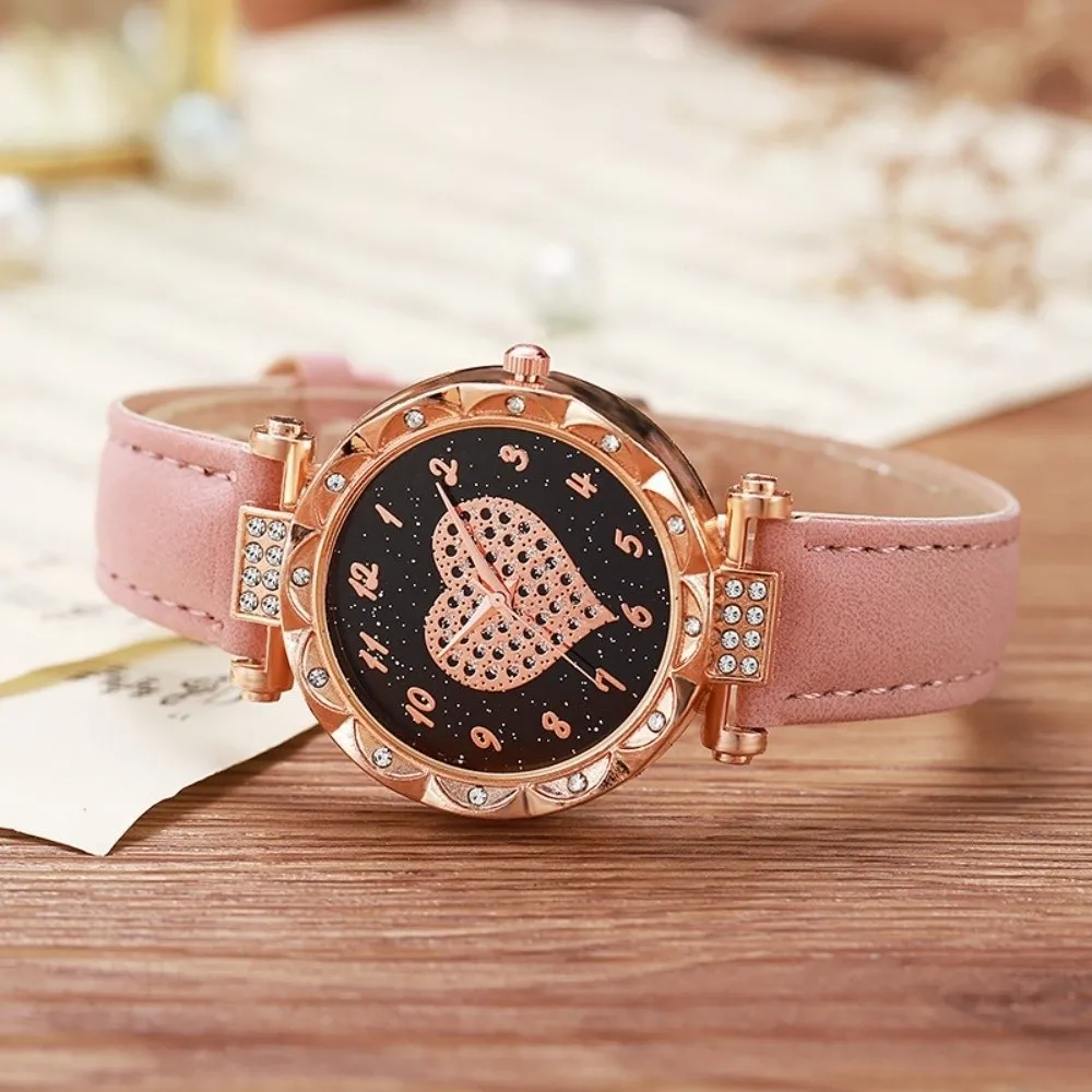 

High Quality Heart Rhinestone Quartz Wristwatches Leather Strap Simple Electronic Watch Casual Wrist Watches Women