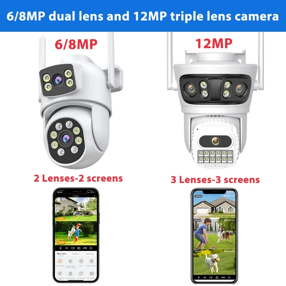 12MP 6K Outdoor Wifi Camera ICsee Three Screens Surveillance Camera Night Vison Ultra Wide View Angle Panoramic Security Camera