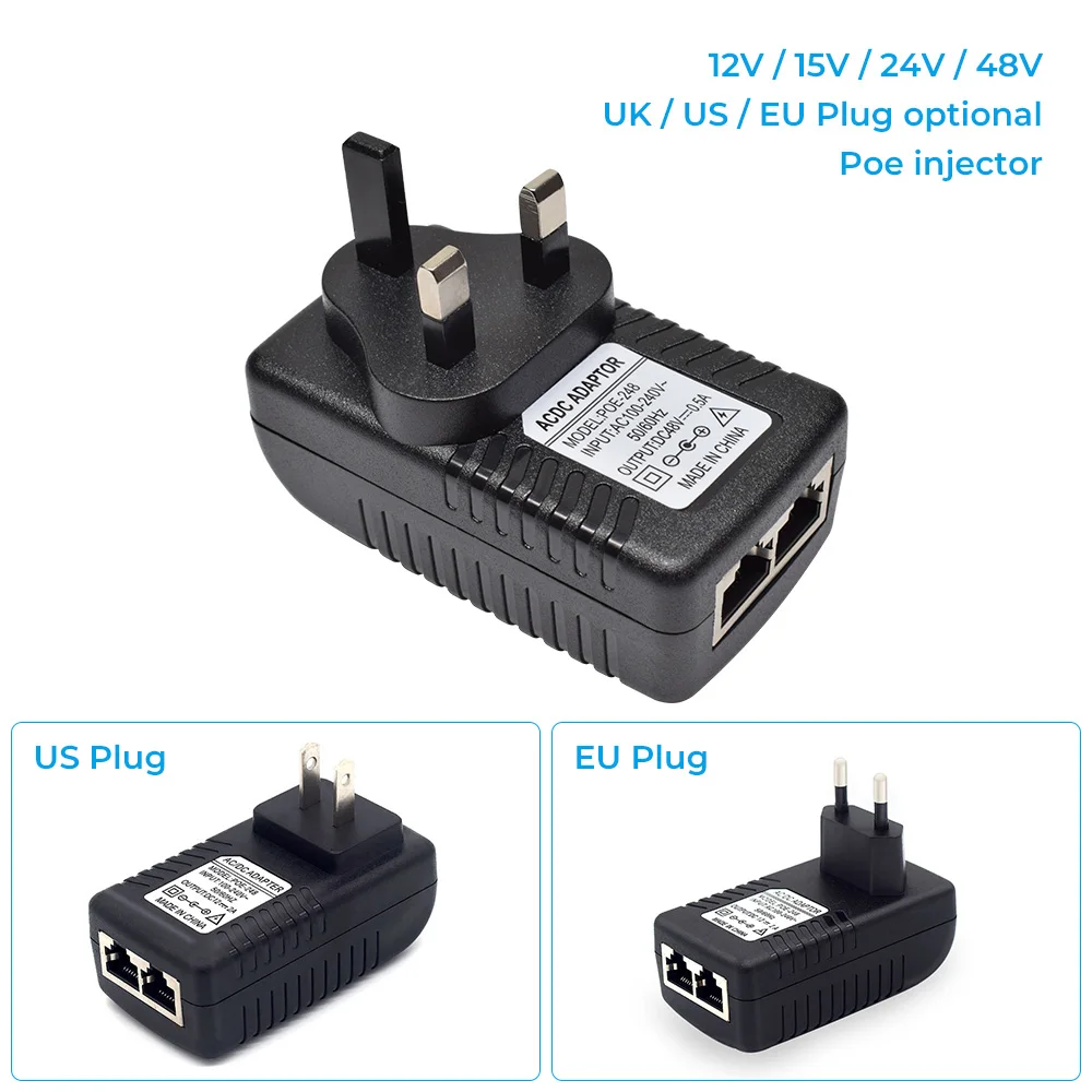 Adattatore di alimentazione POE 48V/15V/12V Ethernet TV 0.5A /2A 24W POE DC Switch adattatore di alimentazione spina ue/usa per TV IP camera telefoni IP