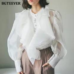 BGTEEVER Elegant Ruffles O-neck Single-breasted Ladies Blouses Tops Autumn Long Sleeve Mesh Loose Female Shirts