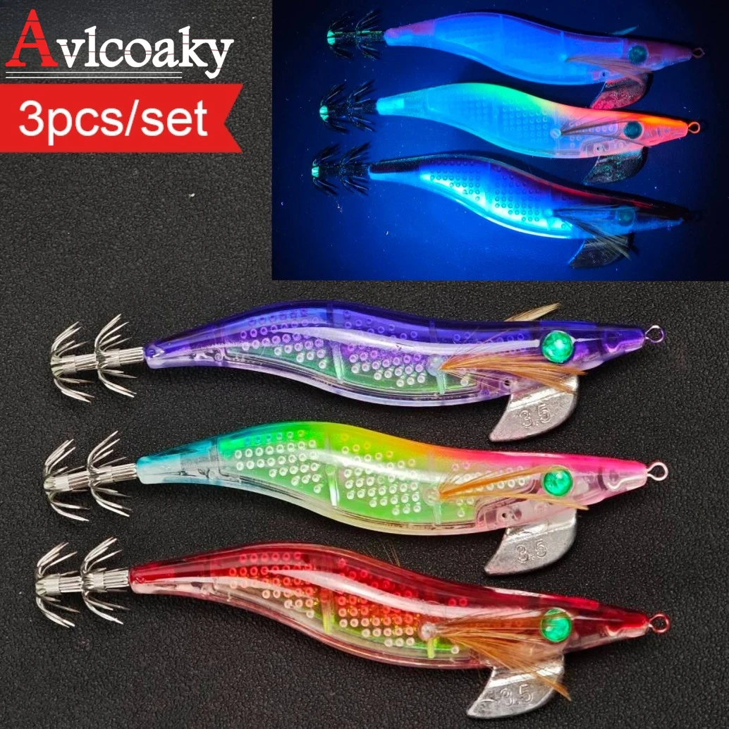 3 Stück UV-Simulations-Garnelen-Angelköder für Salzwasser 3.5 #   13cm Künstliche Jigging-Köder Langsam Sinkende Tintenfisch-Haken Meeres-Tintenfischköder