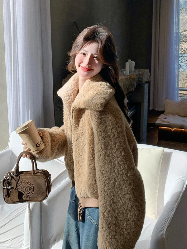 Damska kurtka z futra jagnięcego, ocieplana, ciepła, puszysta, z aksamitu jagnięcego, z dużym kołnierzem, jesienno-zimowa, nowoczesna, luźny krój, zapinana na zamek.