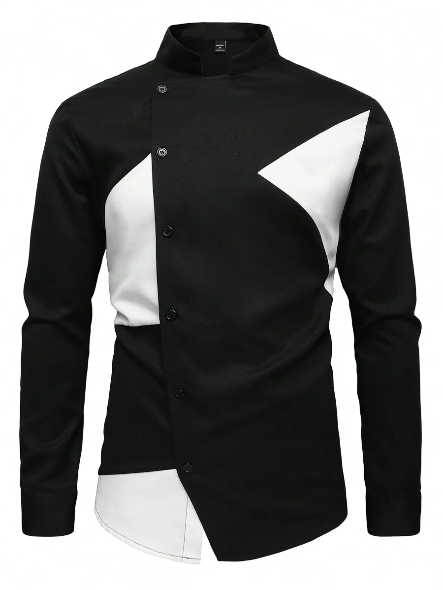 

Men's Contrast Color Splice Stand Collar Shirt - Black White Colorblock Long Sleeve