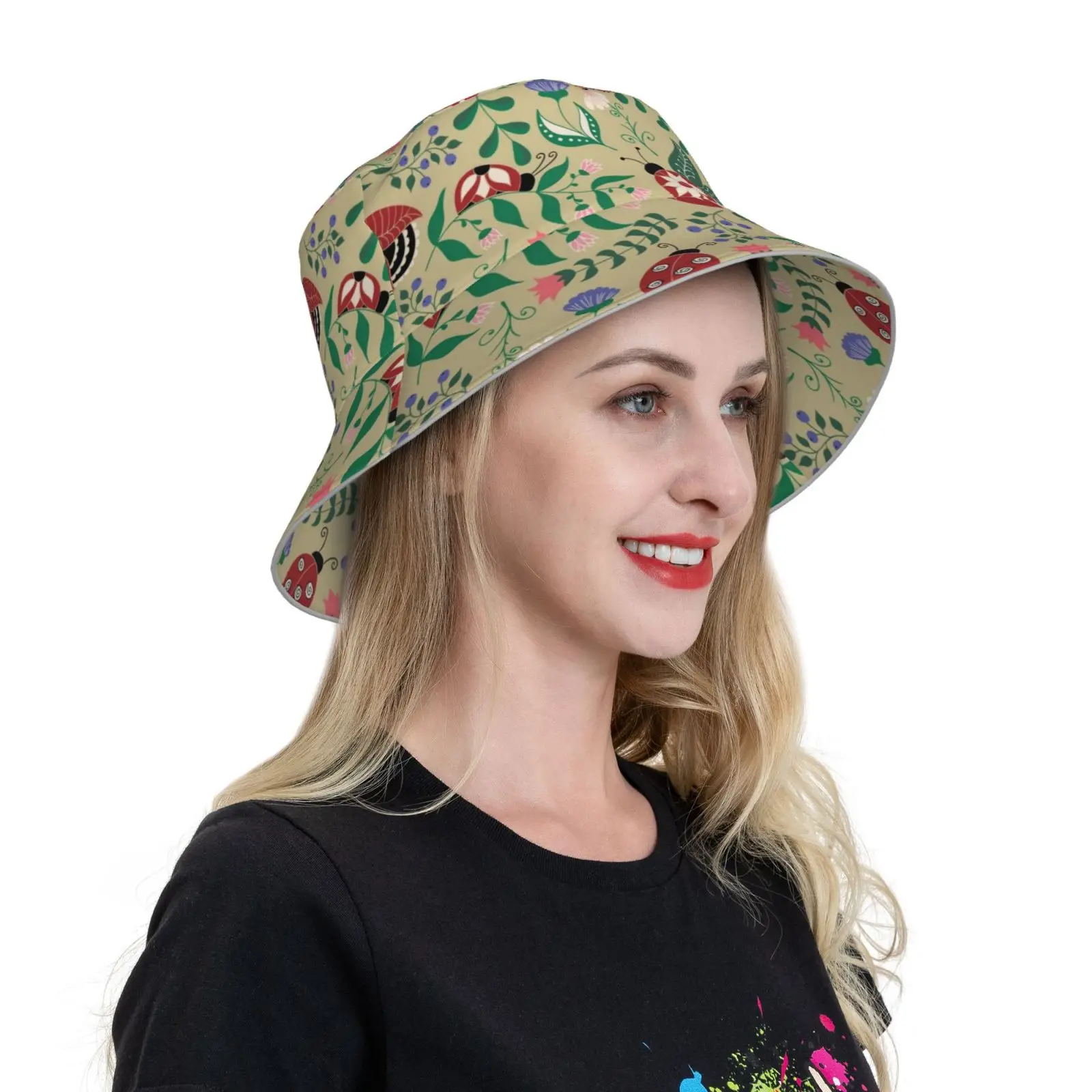 Cap Diy Light Foldable Sunshade Fashion Fisherman Hat Design Surface Pattern Illustration Art Floral Flowers Leaves Bugs Pattern