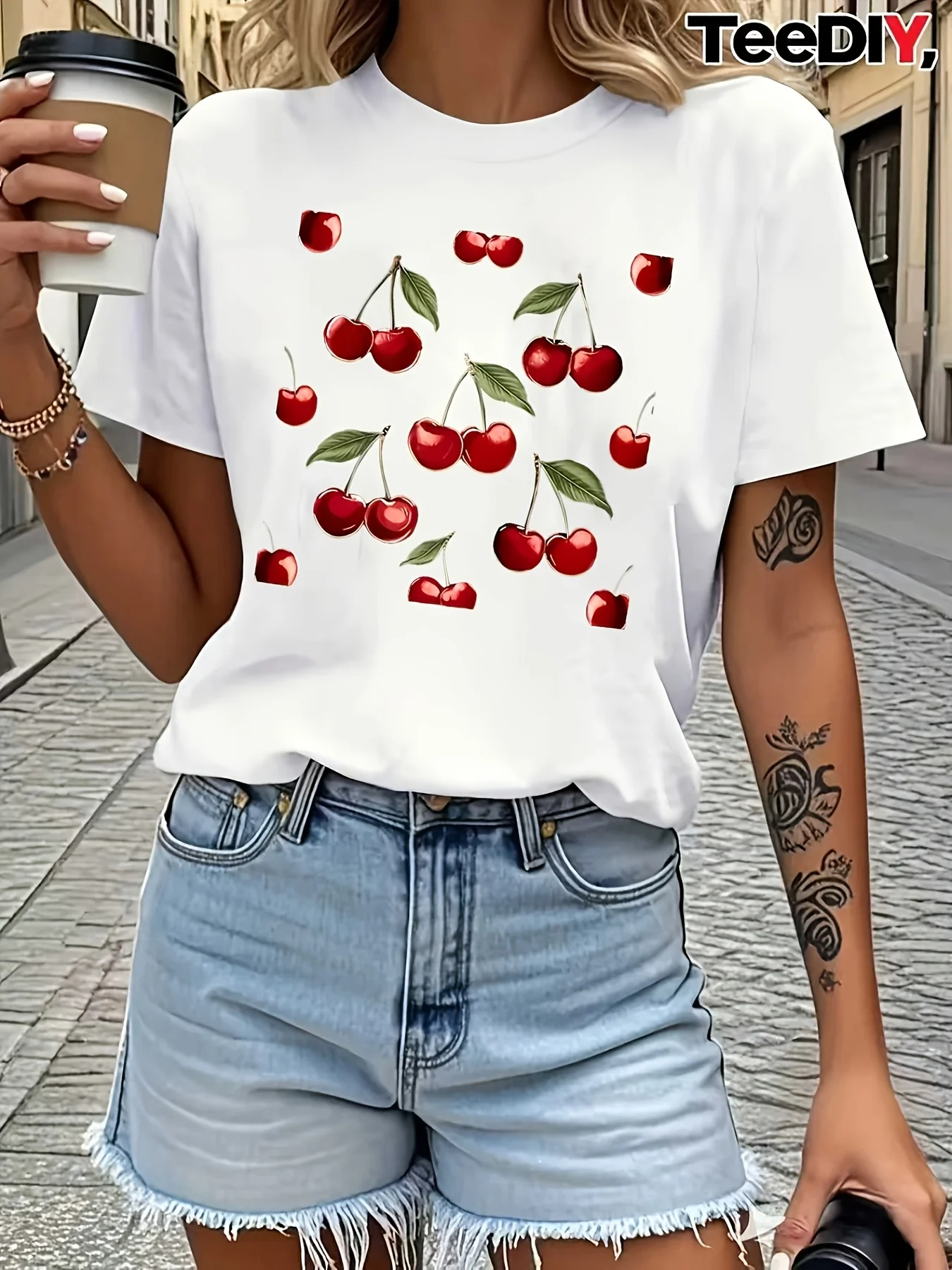 Personalized Cherry Print Women's Comfortable T-shirt Casual Top Daily Skin Friendly Round Neck Short Sleeved Shirt