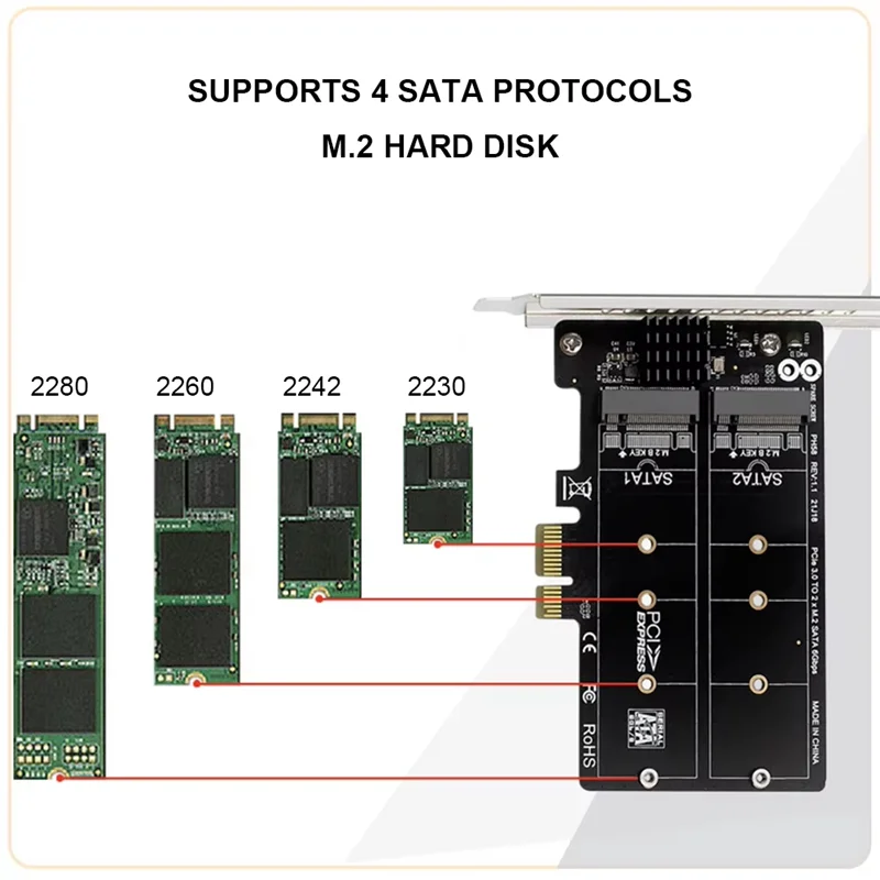 

A13E-New M. 2 SSD 2230/42/60/80 Supported Pcie X1/X4/X8/X16 M. 2 SATA To Pcie Adapter Card Dual Disc Double Disk Array Card