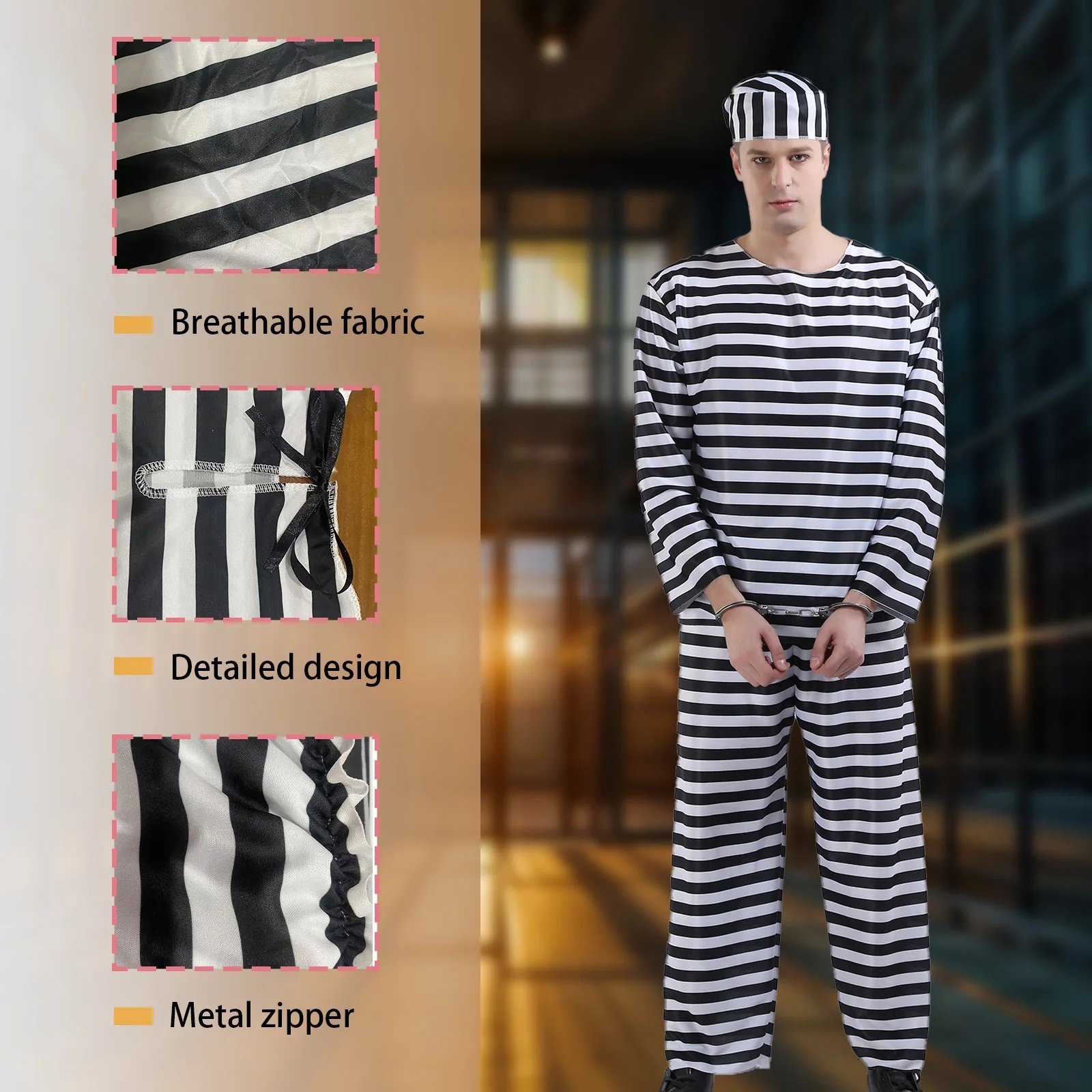 طقم مكون من ثلاث قطع للسجينات البالغين، قميص مخطط أبيض وأسود بأكمام طويلة، طقم بنطلون وقبعة، زي لعب الأدوار للحفلات #6