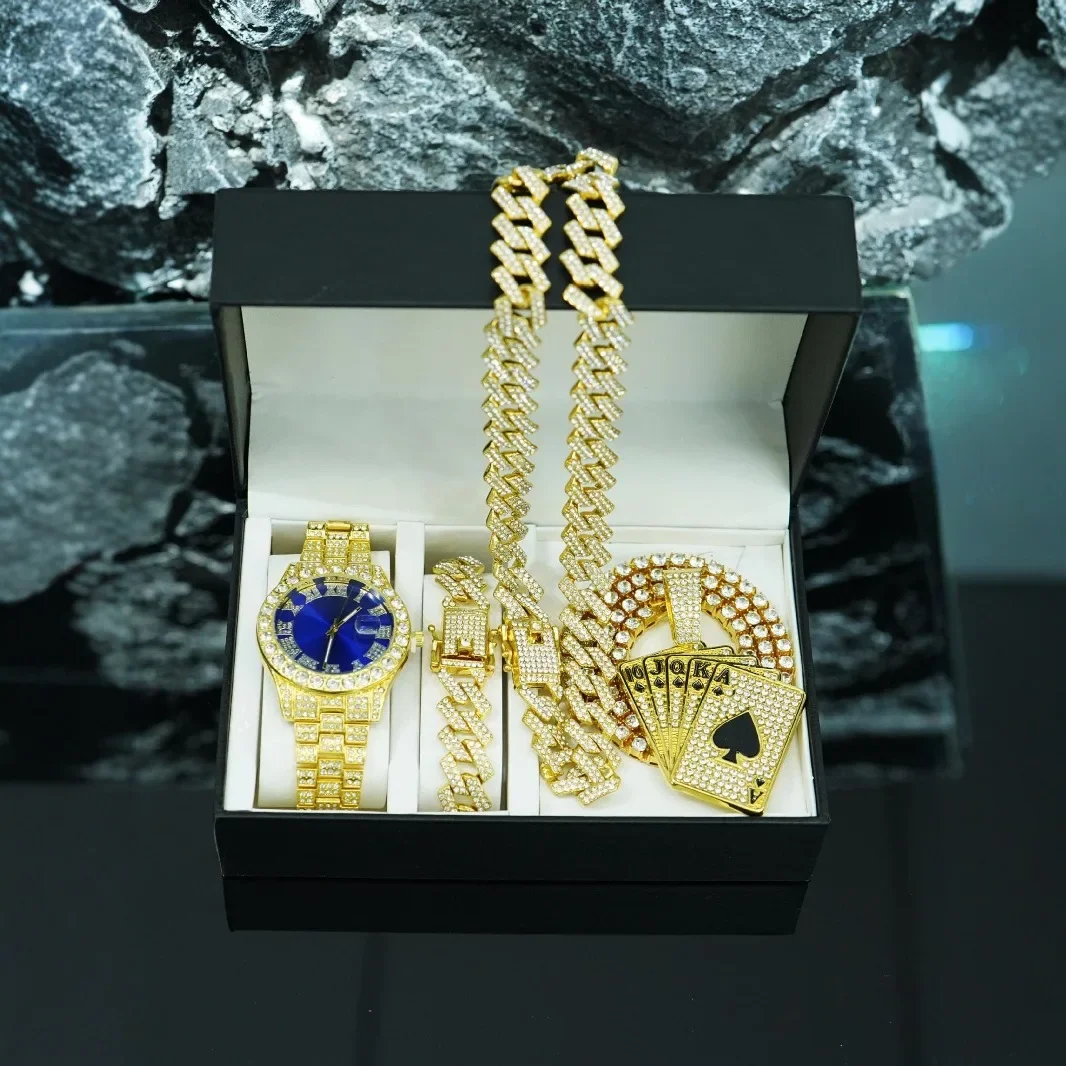 

4pcs Necklace+Bracelet+Watch Cuban Chain Watch for Men Hip Hop Miami Curb Iced Out Paved Rhinestone Rapper Cuban men Jewelry set