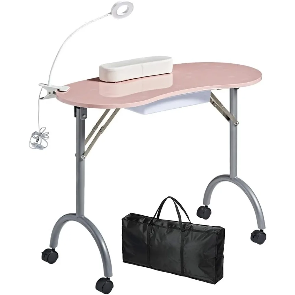 Portable Manicure Table，Nail Desk 4 Lockable with Wheels,Manicure Desk for Nail Tech with LED Light & Drawer,Pink