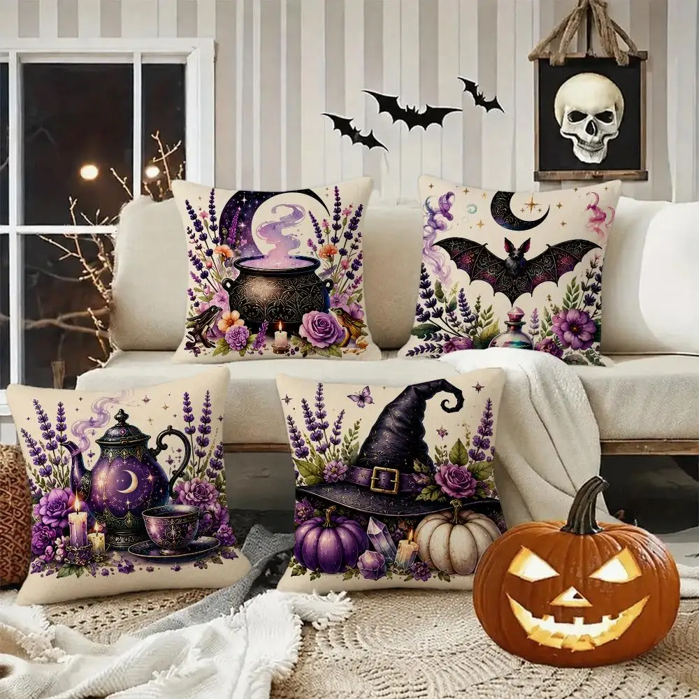 Purple Witch Tea Halloween Gift Cushion Cover Halloween Rustic Throw Pillow Covers, Cute Ghost Pumpkin Maple Leaf Cushion Covers