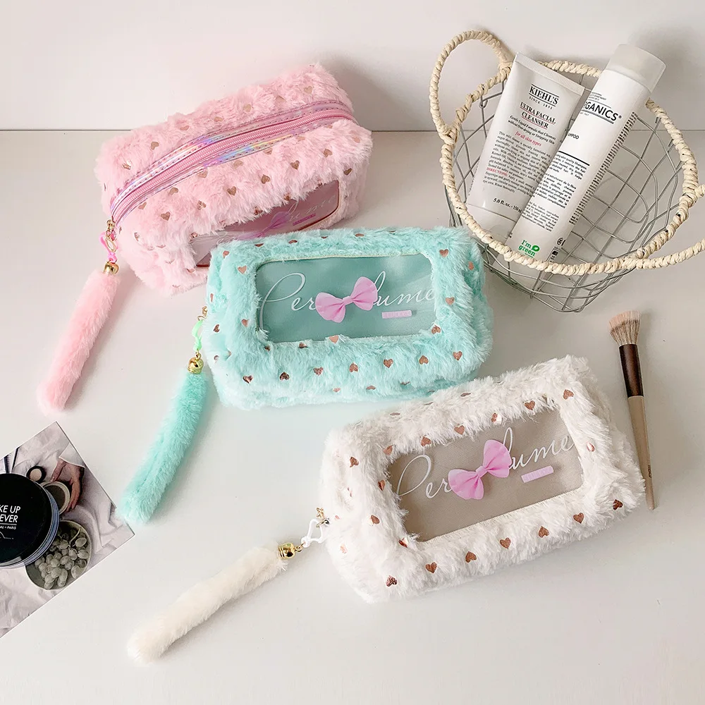 Women's Bag Korean-style Candy-colored Toiletry Bag Bow Tie Stationery Storage Bag Girl Plush Pen Case Hand-carried Makeup Bag