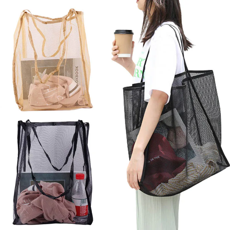 Protable Mesh Bag Large Capacity Reusable Kids Toys Storage Bags Swimming Beach Bag Women Makeup Organizer Shopping Handbag