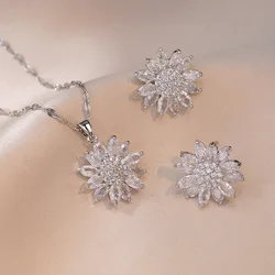 Luxury White Zircon Big Sunflower Stud Earrings and Pendants Stainless Steel Chains Necklaces For Women Bridal Jewelry Sets Gift