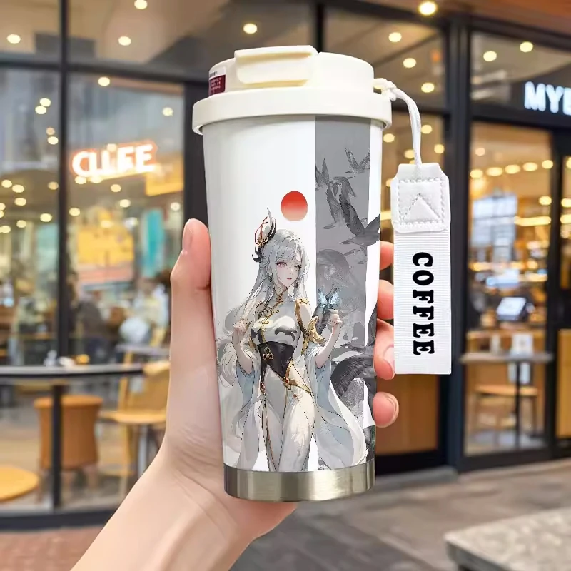 530ml Thermos Cup Genshin Impact Cartoon Zhongli Shenhe Yelan 316 Stainless Steel Water Coffee Cup Office Students Portable