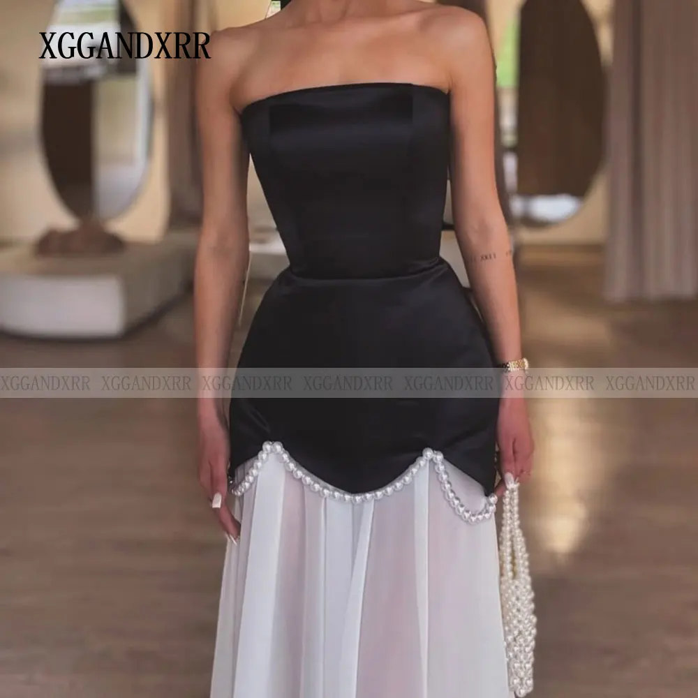 Abito da ballo bicolore personalizzato 2025 senza spalline donna formale abito da sera lungo da sera in chiffon perle senza maniche in bianco e nero