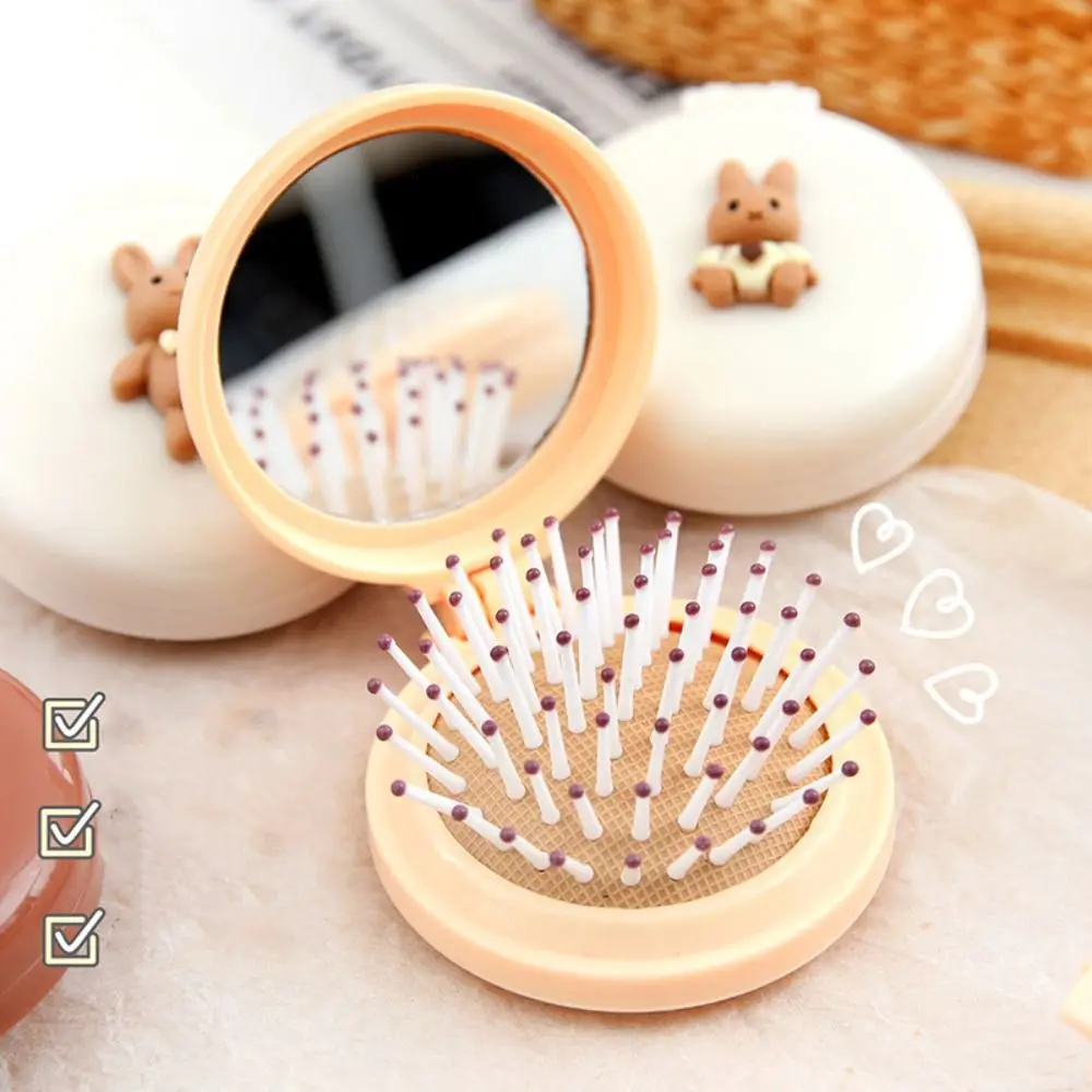 Rabbit Cartoon 2 in 1 Comb Mirror Set Bear Cartoon Animal Bowknot Air Bag Hair Comb Anti Static Durable Massage Comb with Mirror