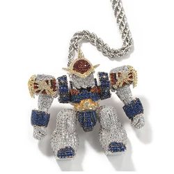 Hip Hop 3A+ CZ Stone Bling Iced Out Cartoon Mech Warrior Pendants Necklaces for Men Rapper Jewelry Gift