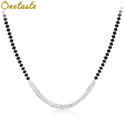 Onyx Black Agate Beaded 925 Sterling Silver Multi Chains Link Necklaces French Style Simple Trendy 40-45cm Choker Necklace Gift