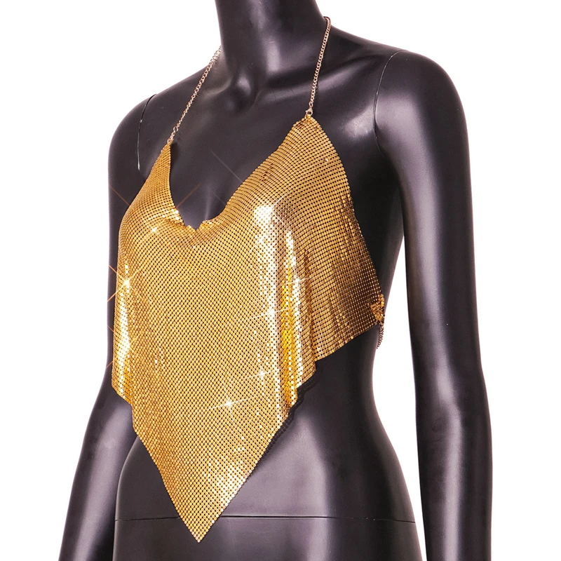 Damen-Tanktops: Goldfarbenes Metall-Mesh-Neckholder-Top mit glitzernden Strassketten, Wasserfallausschnitt, rückenfreies Crop-Top für Party und Clubwear – Luxuriöse Kleidung – Detail 8