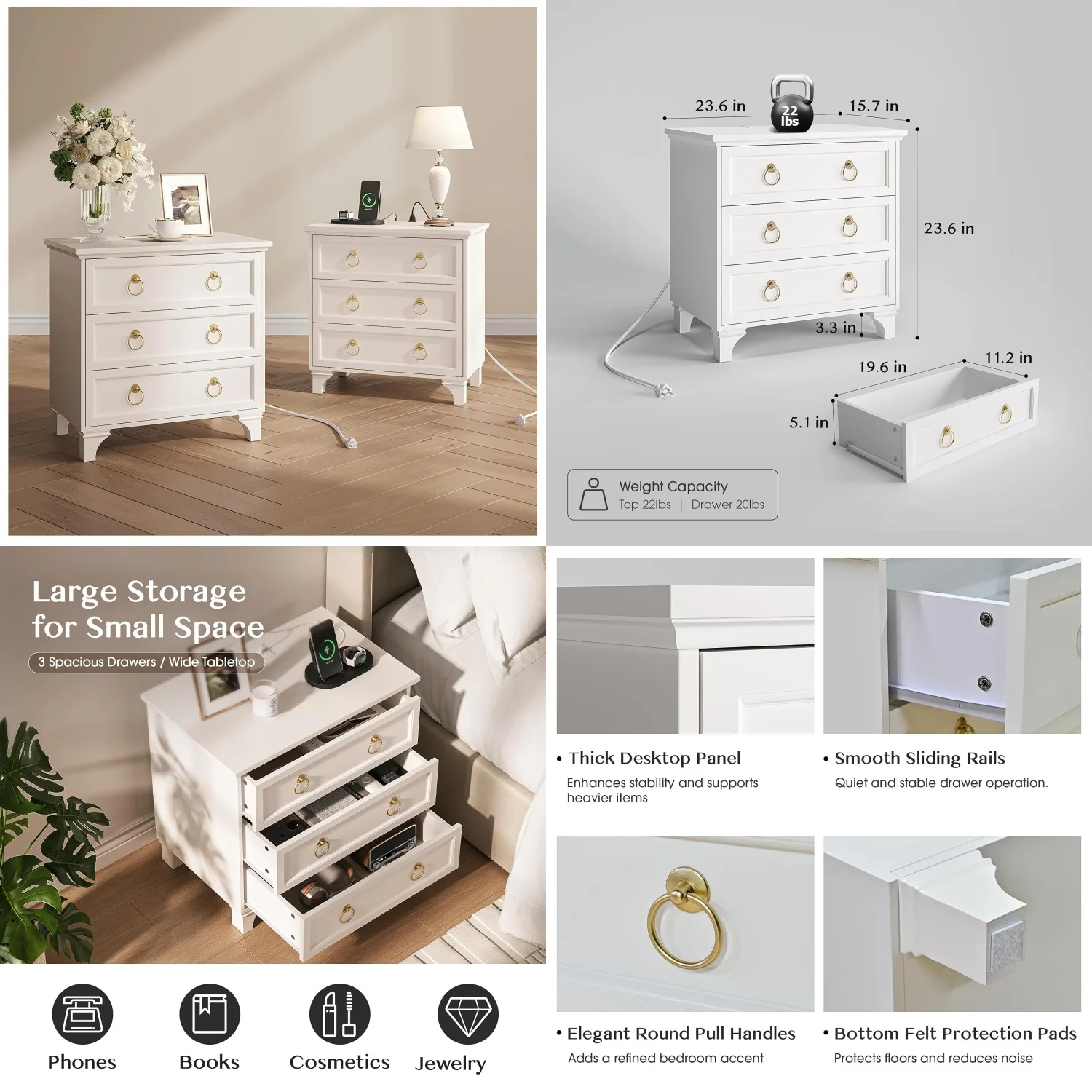 

24" 3-Drawer Nightstand with USB Charging Station Wide Top Bedroom End Table White Customized