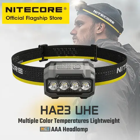 Linterna frontal NITECORE HA23 UHE AAA ligera, 3 temperaturas de Color, 600 lúmenes, IP68, para correr de noche, Camping, pesca, senderismo