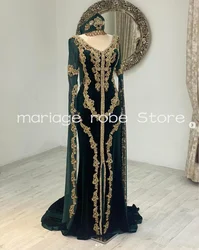 Hunter Green Velvet Caftanmorocco Evening Dresses with Cape Long Sleeve Gold Lace Applique Mermaid Prom Outfit Gown