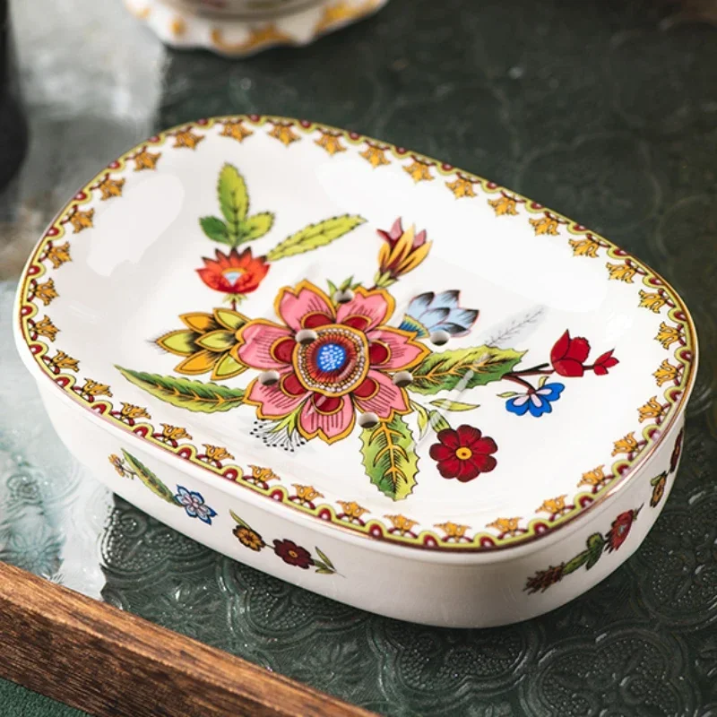 French Soap Box Ceramic Drain Holder Flower Pattern Design Soap Dish Toilet Soap Storage Rack Bathroom Accessories 2024 New